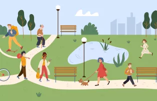 grafika przedstawia ludzi chodzacych po parku