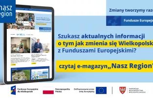 Na zdjęciu widać ekran tabletu w wyglądem strony, z prawej strony informacja, że jeśli szukasz informacji o naborach to czytaj e-magazyn Nasz Region