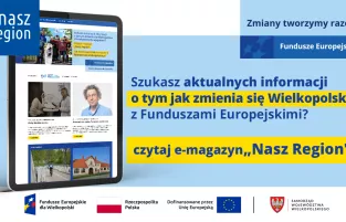 Na zdjęciu widać ekran tabletu w wyglądem strony, z prawej strony informacja, że jeśli szukasz informacji o naborach to czytaj e-magazyn Nasz Region