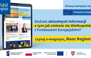 Na zdjęciu widać ekran tabletu w wyglądem strony, z prawej strony informacja, że jeśli szukasz informacji o naborach to czytaj e-magazyn Nasz Region