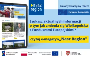 Na zdjęciu widać ekran tabletu w wyglądem strony, z prawej strony informacja, że jeśli szukasz informacji o naborach to czytaj e-magazyn Nasz Region