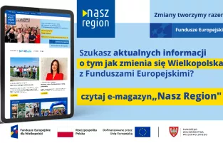 Na zdjęciu widać ekran tabletu w wyglądem strony, z prawej strony informacja, że jeśli szukasz informacji o naborach to czytaj e-magazyn Nasz Region