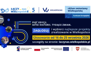 Na zdjęciu widać kontury woj. wielkopolskiego i duży napis pięć z tekstem zachęcającym do głosowania w plebiscycie 
