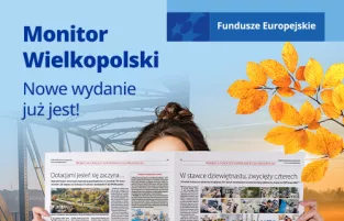 Na zdjęciu fragment gazety oraz w lewym górnym rogu hasło zachęcające do przeczytania Monitora Wielkopolskiego