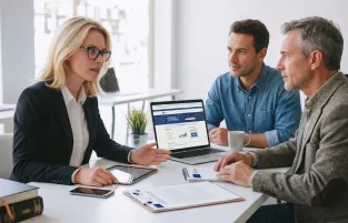 Spotkanie w biurze. Kobieta w ciemnej marynarce tłumaczy zagadnienie dwóm mężczyznom, wskazując na ekran laptopa. Na białym stole leżą dokumenty, tablet i smartfon.