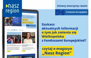 Na zdjęciu widać ekran tabletu w wyglądem strony, z prawej strony informacja, że jeśli szukasz informacji o naborach to czytaj e-magazyn Nasz Region