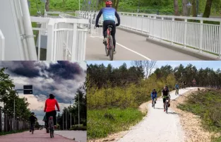 Widać trzy zdjęcia z udziałem rowerzystów, którzy jeżdżą po drogach rowerowych 