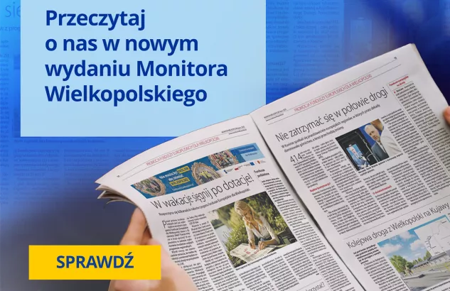 Na zdjęciu fragment gazety oraz w lewym górnym rogu hasło zachęcające do przeczytania Monitora Wielkopolskiego