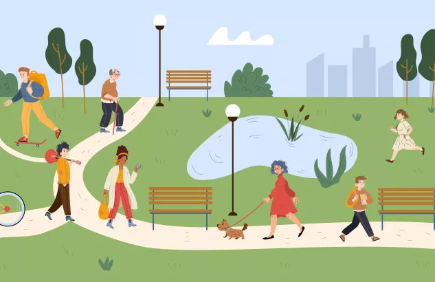 grafika przedstawia ludzi chodzacych po parku