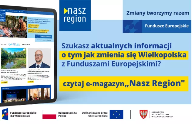 Na zdjęciu widać ekran tabletu w wyglądem strony, z prawej strony informacja, że jeśli szukasz informacji o naborach to czytaj e-magazyn Nasz Region