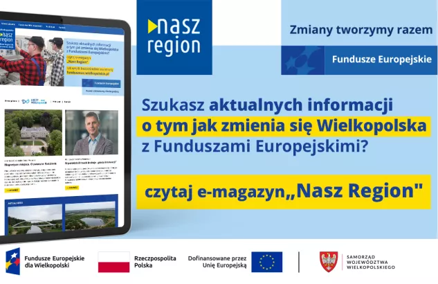 Na zdjęciu widać ekran tabletu w wyglądem strony, z prawej strony informacja, że jeśli szukasz informacji o naborach to czytaj e-magazyn Nasz Region