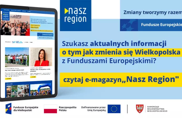 Na zdjęciu widać ekran tabletu w wyglądem strony, z prawej strony informacja, że jeśli szukasz informacji o naborach to czytaj e-magazyn Nasz Region