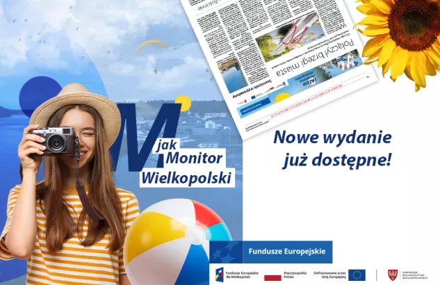 Widać jedną kobietę uśmiechnietą w aparatem i napis M jak Monitor Wielkopolski