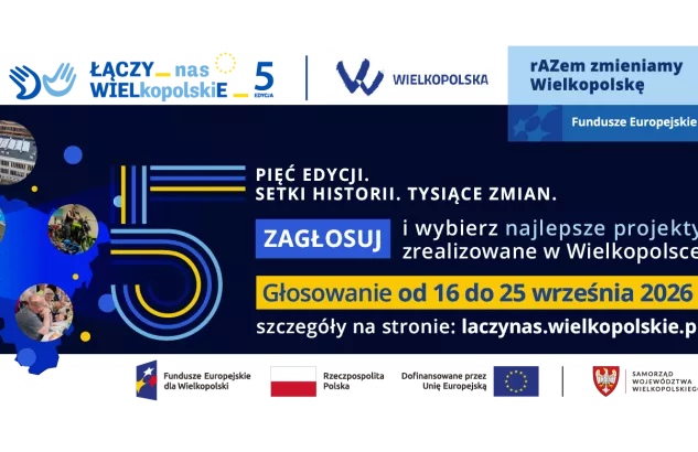 Na zdjęciu widać kontury woj. wielkopolskiego i duży napis pięć z tekstem zachęcającym do głosowania w plebiscycie 