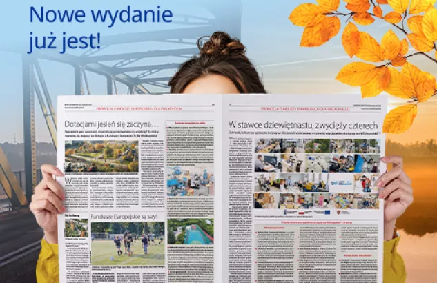 Na zdjęciu fragment gazety oraz w lewym górnym rogu hasło zachęcające do przeczytania Monitora Wielkopolskiego
