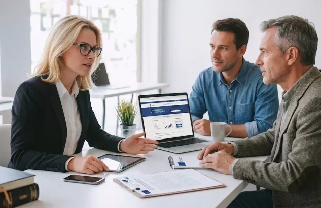 Spotkanie w biurze. Kobieta w ciemnej marynarce tłumaczy zagadnienie dwóm mężczyznom, wskazując na ekran laptopa. Na białym stole leżą dokumenty, tablet i smartfon.