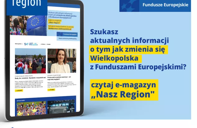 Na zdjęciu widać ekran tabletu w wyglądem strony, z prawej strony informacja, że jeśli szukasz informacji o naborach to czytaj e-magazyn Nasz Region