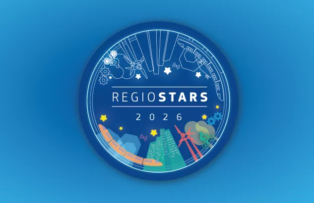 Logo konkursu w okrągłym kształcie z napisem Regio Stars, na niebieskim tle