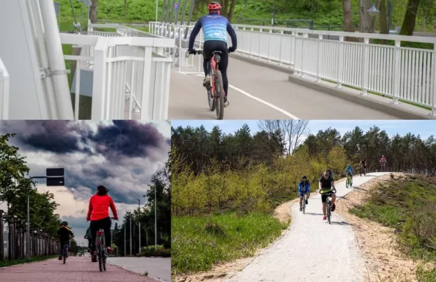 Widać trzy zdjęcia z udziałem rowerzystów, którzy jeżdżą po drogach rowerowych 