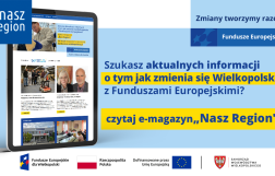Na zdjęciu widać ekran tabletu w wyglądem strony, z prawej strony informacja, że jeśli szukasz informacji o naborach to czytaj e-magazyn Nasz Region