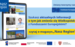 Na zdjęciu widać ekran tabletu w wyglądem strony, z prawej strony informacja, że jeśli szukasz informacji o naborach to czytaj e-magazyn Nasz Region