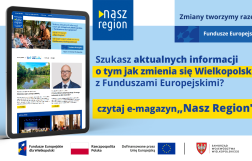Na zdjęciu widać ekran tabletu w wyglądem strony, z prawej strony informacja, że jeśli szukasz informacji o naborach to czytaj e-magazyn Nasz Region