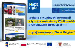 Na zdjęciu widać ekran tabletu w wyglądem strony, z prawej strony informacja, że jeśli szukasz informacji o naborach to czytaj e-magazyn Nasz Region
