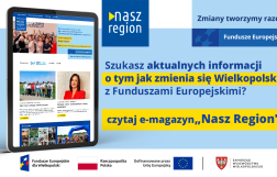 Na zdjęciu widać ekran tabletu w wyglądem strony, z prawej strony informacja, że jeśli szukasz informacji o naborach to czytaj e-magazyn Nasz Region