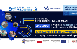 Na zdjęciu widać kontury woj. wielkopolskiego i duży napis pięć z tekstem zachęcającym do głosowania w plebiscycie 
