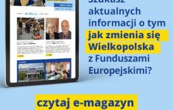 Na zdjęciu widać ekran tabletu w wyglądem strony, z prawej strony informacja, że jeśli szukasz informacji o naborach to czytaj e-magazyn Nasz Region