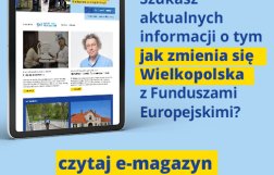 Na zdjęciu widać ekran tabletu w wyglądem strony, z prawej strony informacja, że jeśli szukasz informacji o naborach to czytaj e-magazyn Nasz Region