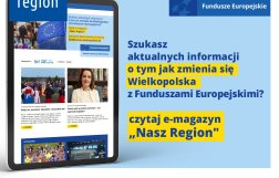 Na zdjęciu widać ekran tabletu w wyglądem strony, z prawej strony informacja, że jeśli szukasz informacji o naborach to czytaj e-magazyn Nasz Region