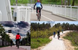 Widać trzy zdjęcia z udziałem rowerzystów, którzy jeżdżą po drogach rowerowych 