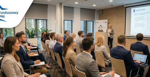 grupa osób siedzi na sali szkoleniowej i słucha prezentacji