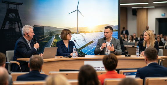 Spotkanie na sali, na zdjęciu widać ludzi na widowni oraz stół prezydialny z siedzącymi przy nim osobami, w tle zdjęcie szybu kopalni i wiatraków