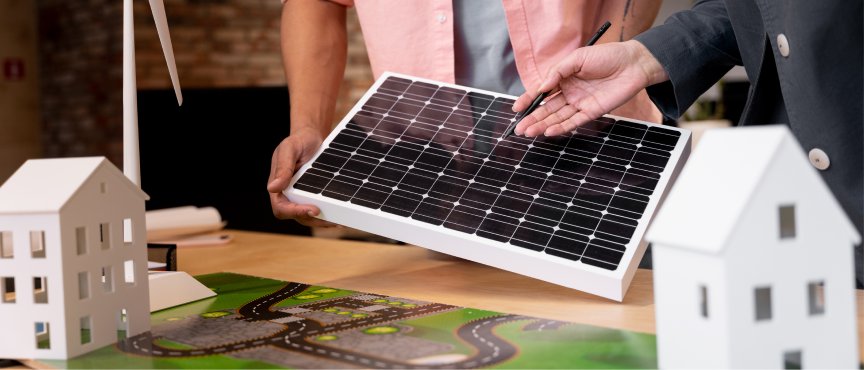zdjęcie przedstawia panel fotowoltaiczny oraz makiety dwóch domów