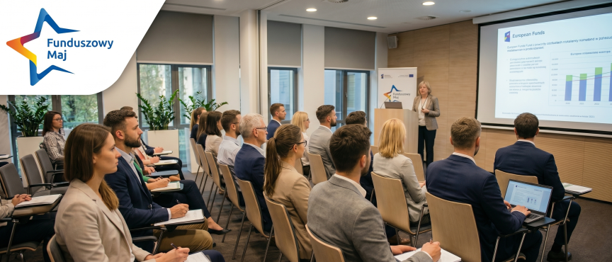 grupa osób siedzi na sali szkoleniowej i słucha prezentacji