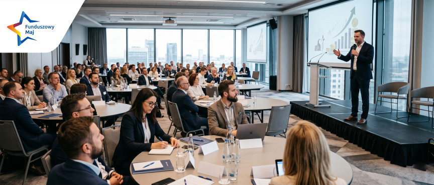 grupa osób siedzi w sali konferencyjnej przy stołach, na podwyższeniu stoi mężczyzna w garniturze przedstawiający prezentację