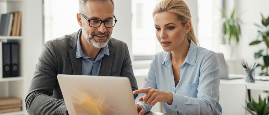 Kobieta i mężczyzna siedzą przed komputerem