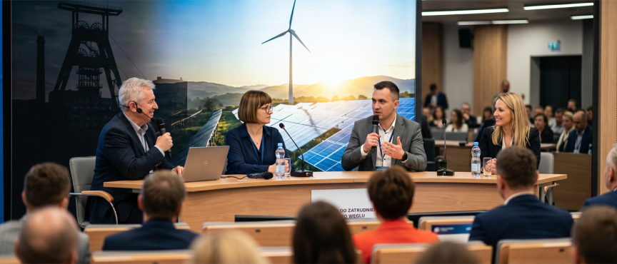 Spotkanie na sali, na zdjęciu widać ludzi na widowni oraz stół prezydialny z siedzącymi przy nim osobami, w tle zdjęcie szybu kopalni i wiatraków